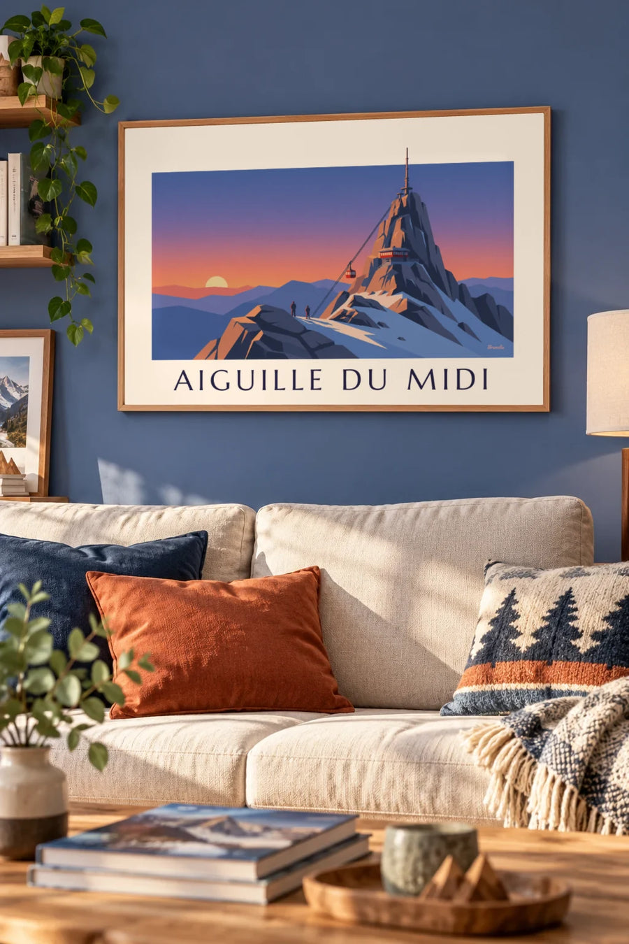 Poster kabelbaan van de Aiguille du Midi bij zonsondergang: ingelijst aan de muur