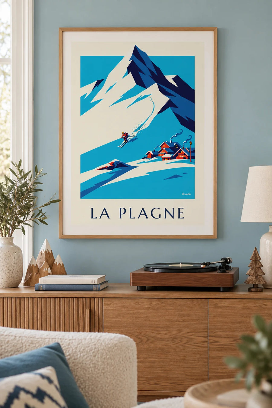 Poster skiër op de piste in La Plagne tegenover Bellecôte: ingelijst aan de muur