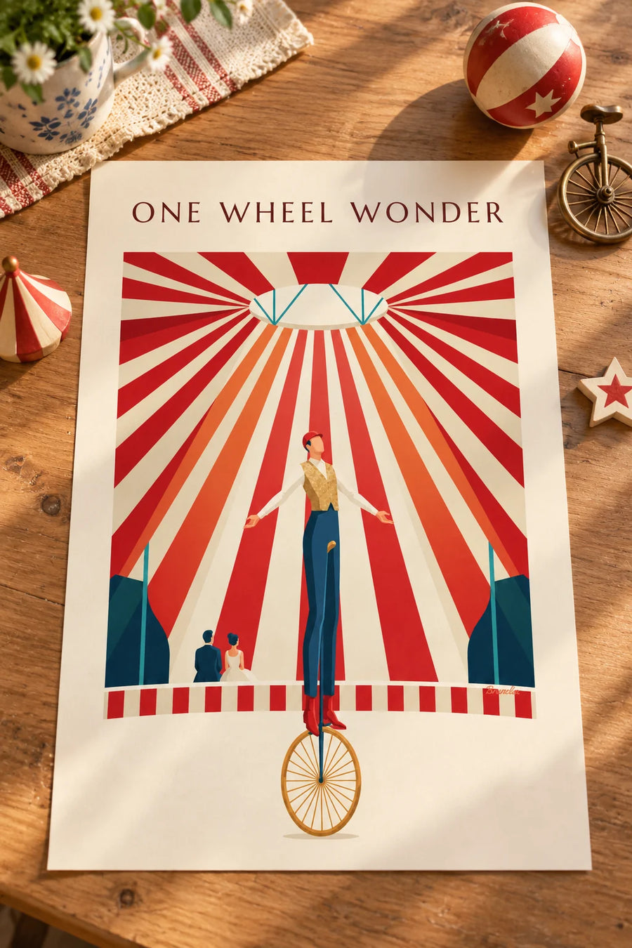 Poster of an acrobat on a unicycle under the circus big top: resting on a table