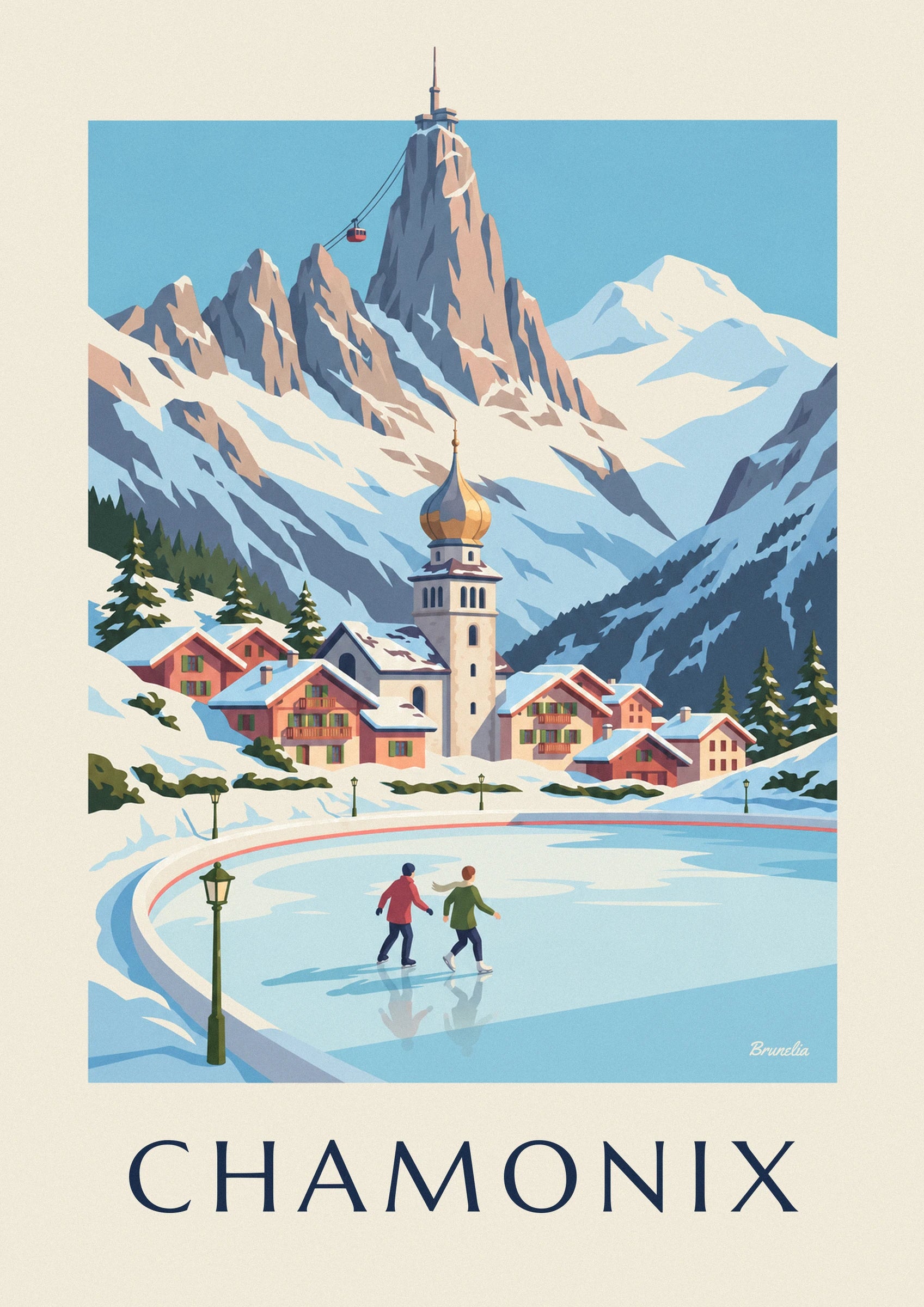 Poster schaatsers op de ijsbaan van Chamonix en de Aiguille du Midi: detail in close-up