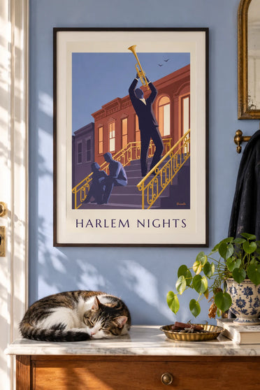 Poster of a trumpet player on the stoop of a Harlem house in the evening: framed on the wall
