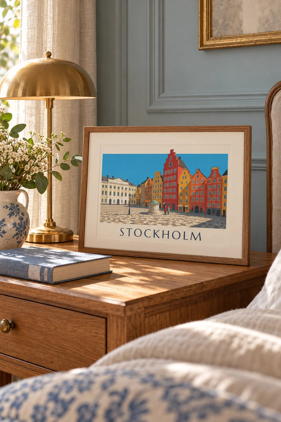 Poster kleurrijke gevels van Stortorget in Gamla stan in Stockholm: klein formaat A4, ingelijst