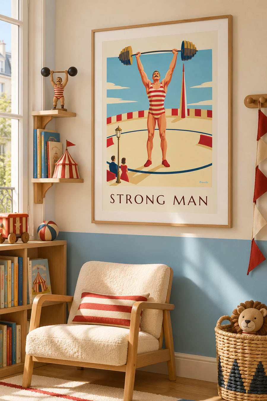 Poster circusatleet die een halter optilt: ingelijst aan de muur