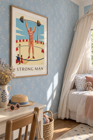 Affiche homme fort de cirque soulevant un haltère : encadrée au mur