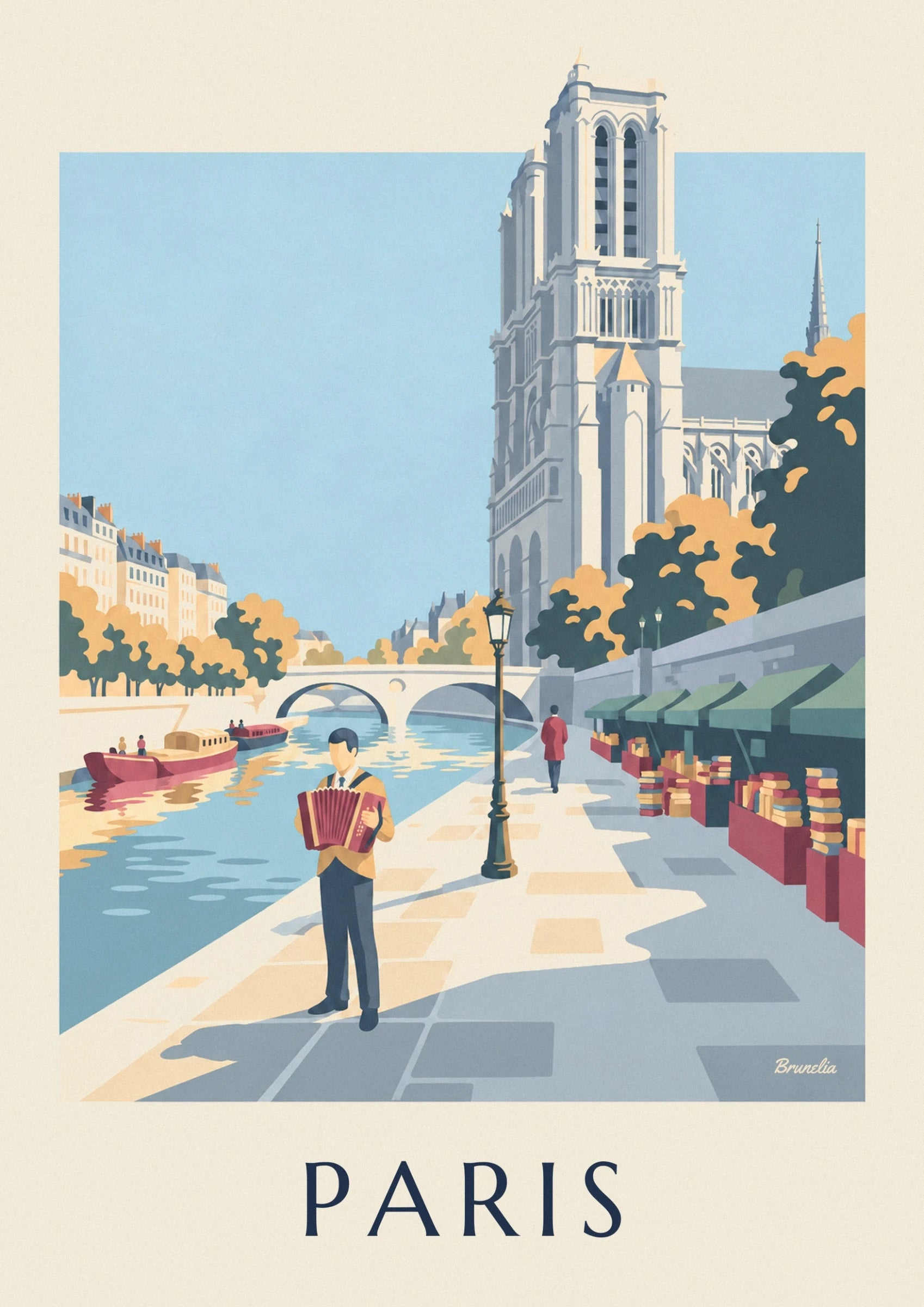 L’accordéoniste en veste ocre et son accordéon bordeaux au bord de la Seine