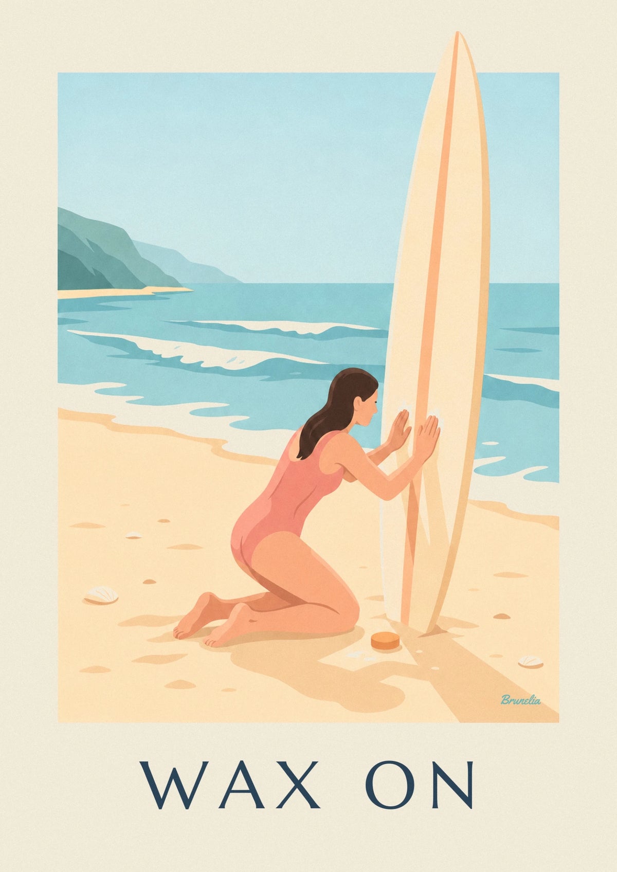 Surfer girl waxing her board on the beach poster