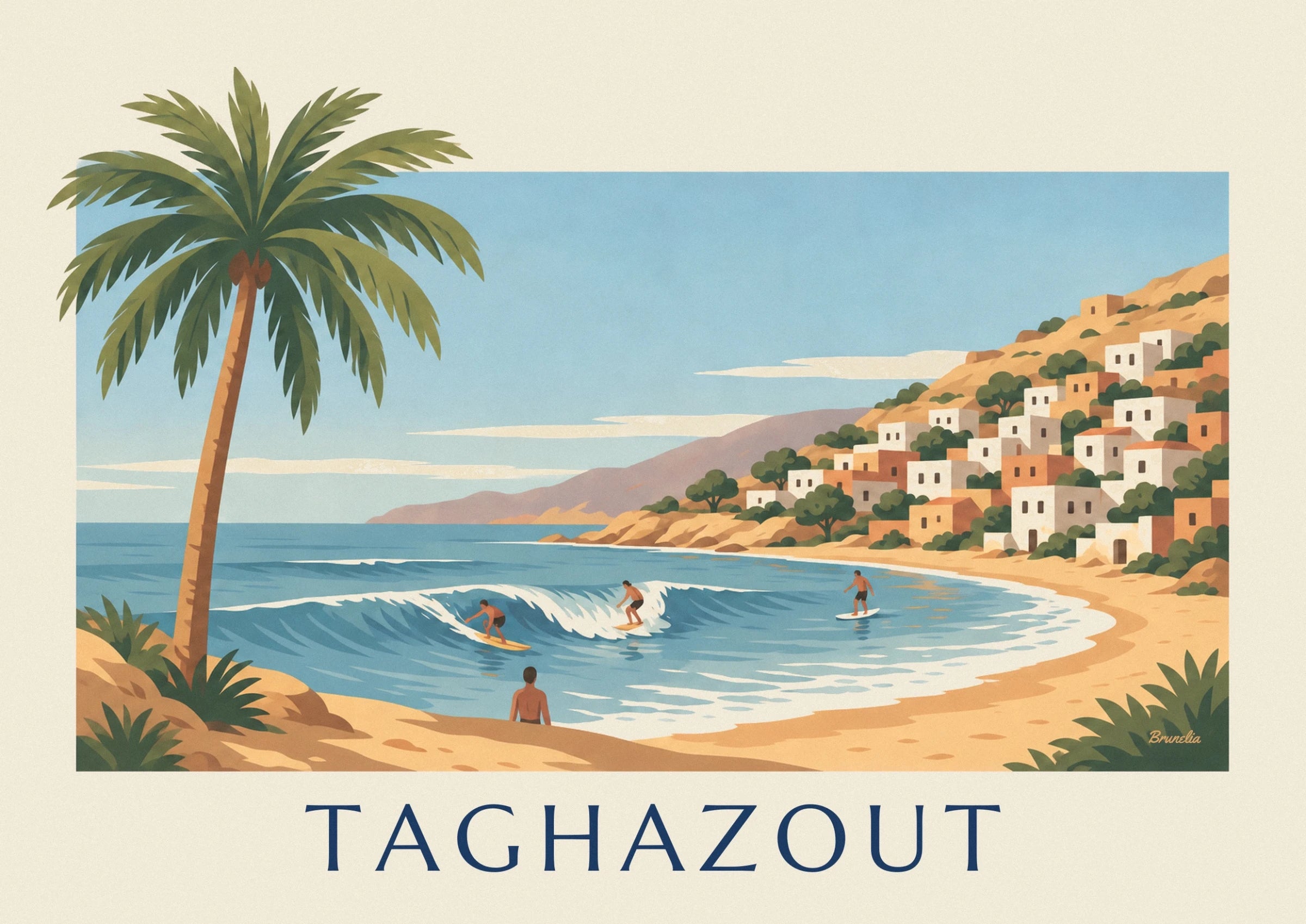 The 2 surfers on a white wave in front of the hills of Taghazout bay