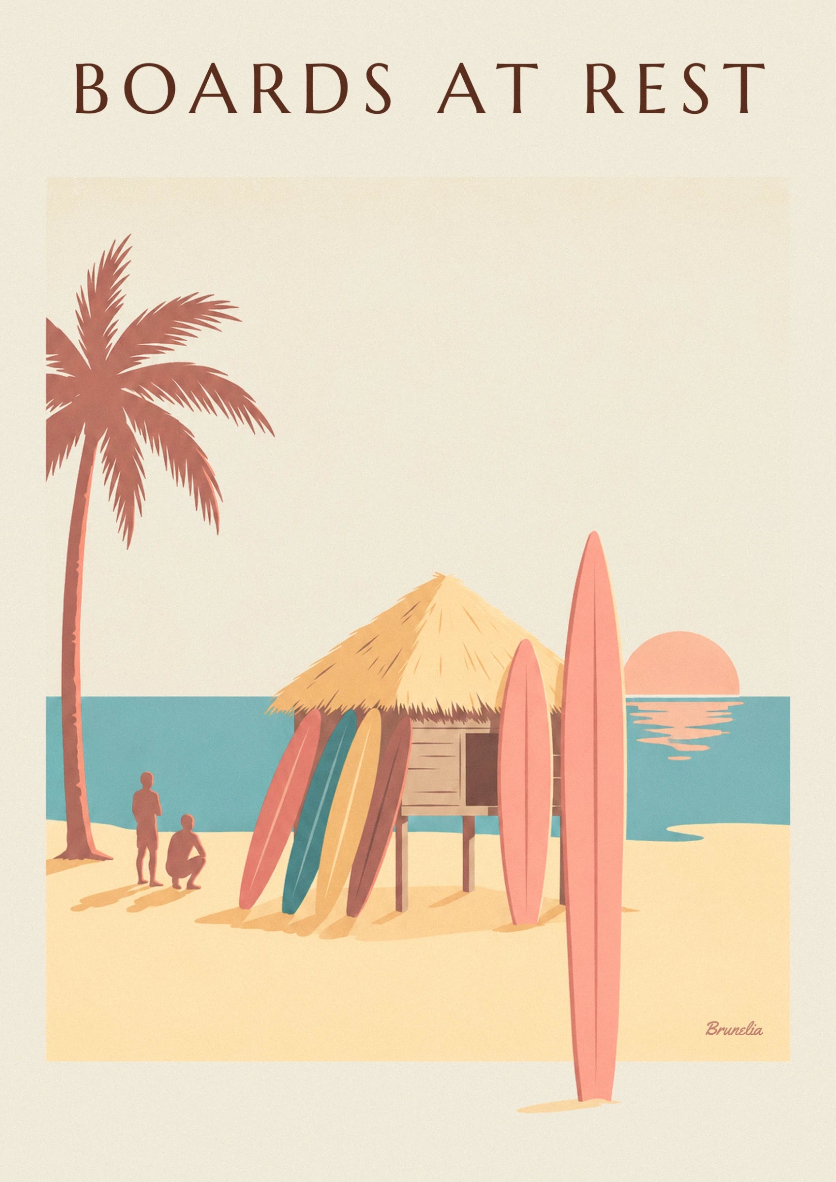 De strandhut met rieten dak op palen, omringd door roze, gele en blauwe surfplanken