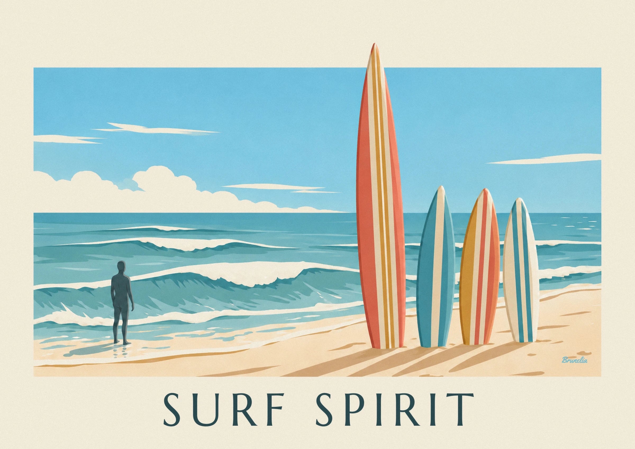 De surfplanken met turquoise, crème en koraalrode strepen op het gouden zand