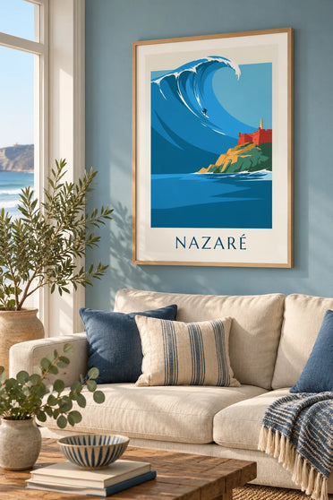 Poster surfer op de reuzengolf van Nazaré in Portugal: ingelijst aan de muur