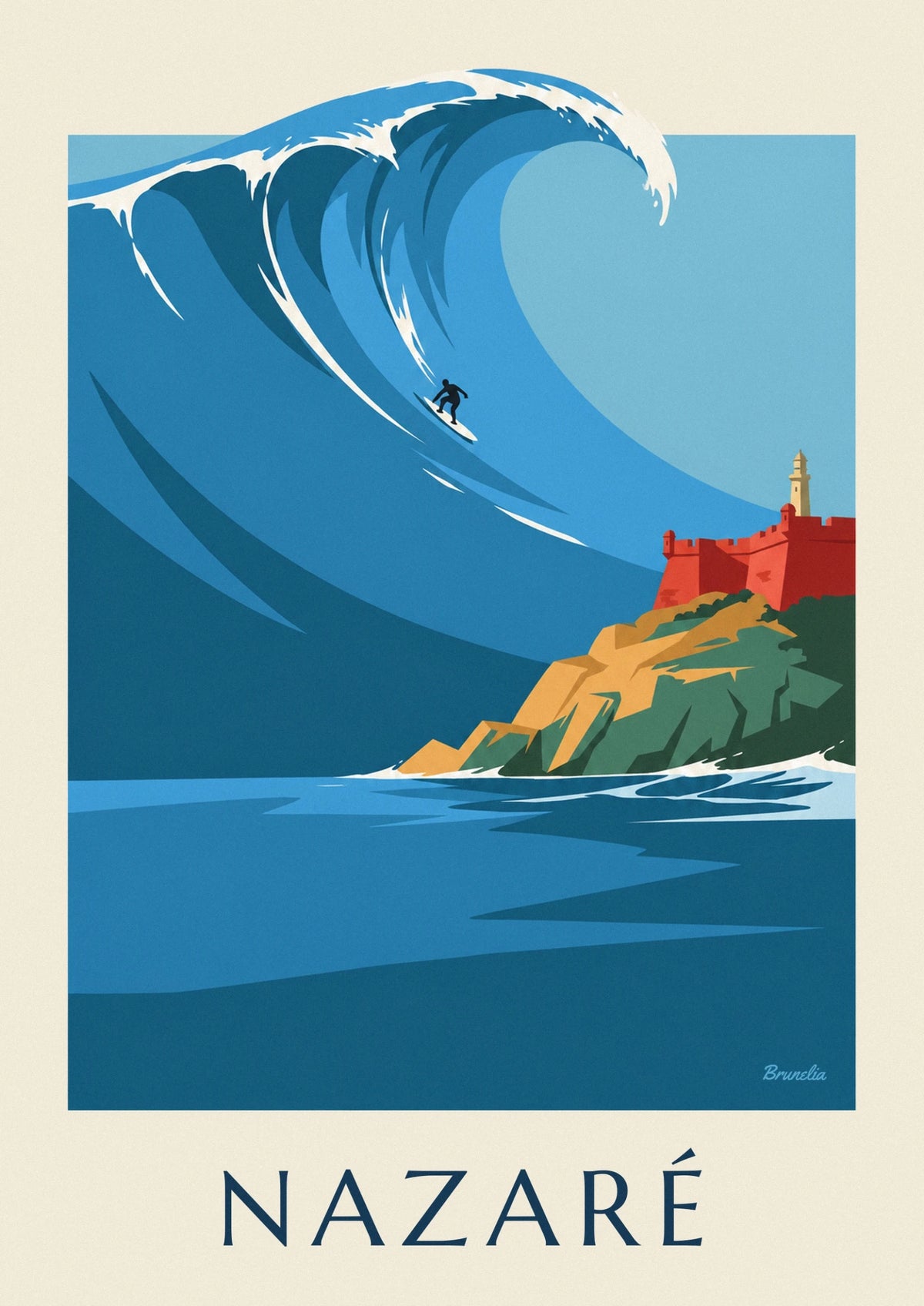Affiche surfeur sur la vague géante de Nazaré au Portugal