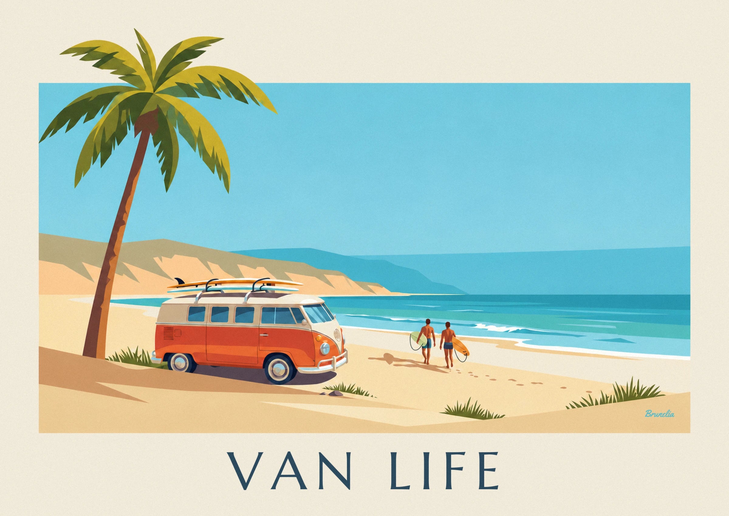 The orange and cream van with 2 surfboards on the roof, parked beside the beach