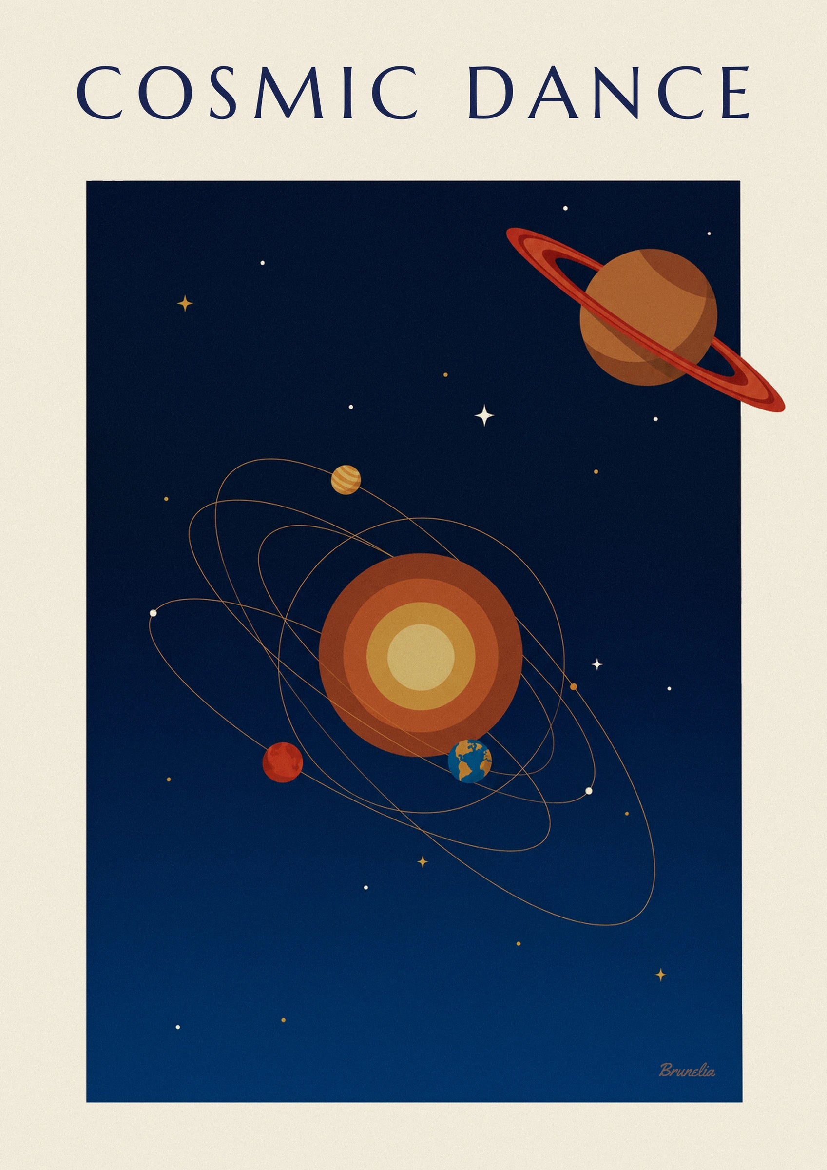 Poster Saturnus en planeten in een baan om de zon op nachtblauwe achtergrond: detail in close-up