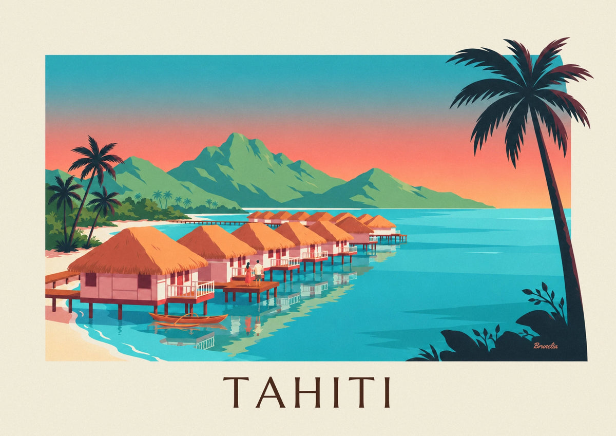 Tahiti overwater bungalows at sunset poster