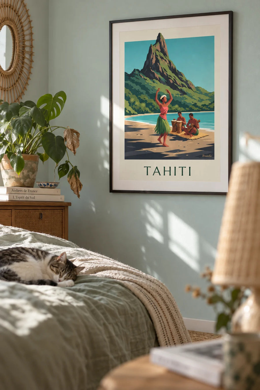 Poster Tahitiaanse danseres en muzikanten op een strand van Tahiti: ingelijst aan de muur