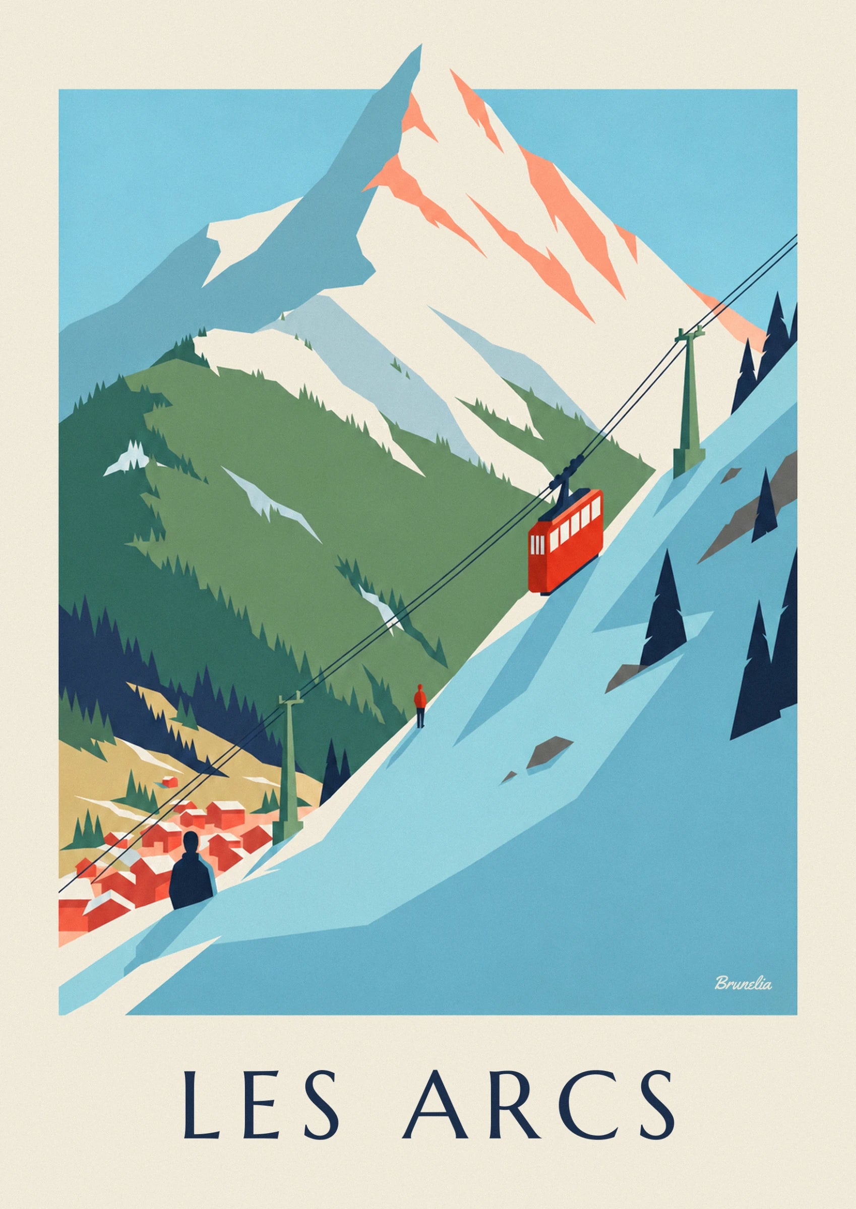 The red cable car on its cables, above green and snowy slopes