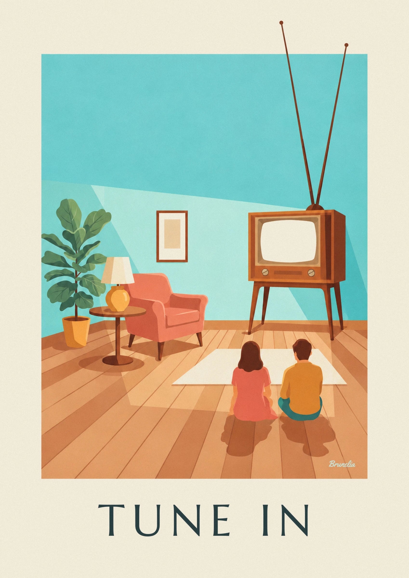 The 2 viewers in pink and yellow seated on the wooden floor, seen from behind