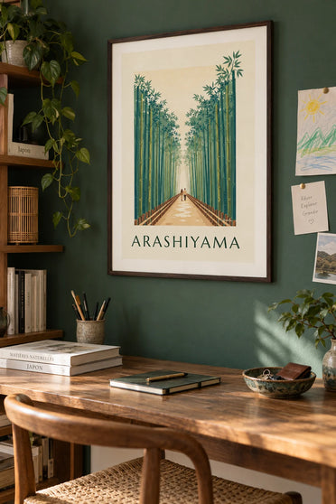 Poster pad door het bamboebos van Arashiyama in Kyoto: ingelijst aan de muur