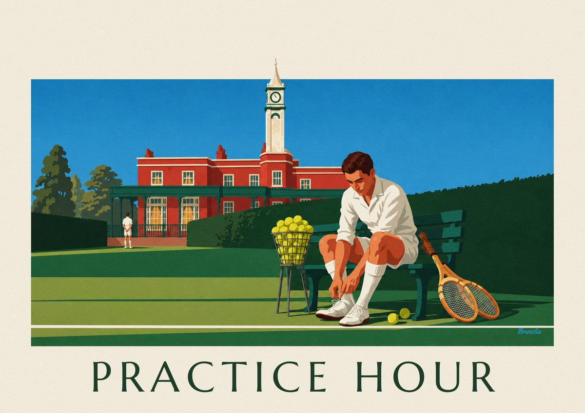Affiche joueur de tennis laçant ses chaussures devant un club-house