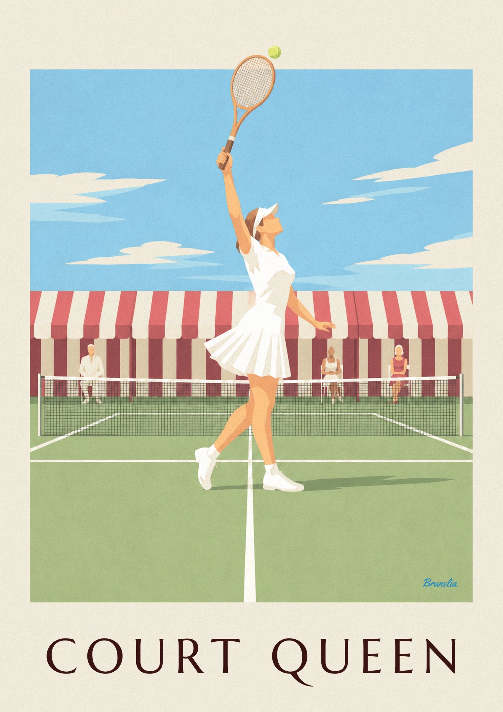 Poster tennisspeelster in plooirok en zonneklep op gras: detail in close-up