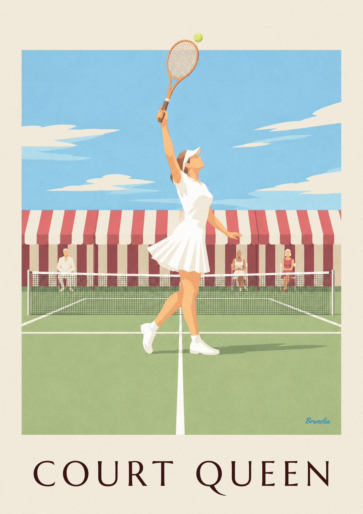Affiche joueuse de tennis en jupe plissée et visière sur gazon