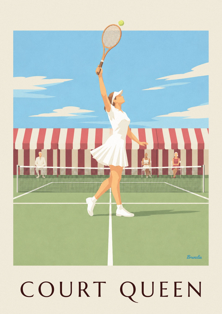 Poster tennisspeelster in plooirok en zonneklep op gras