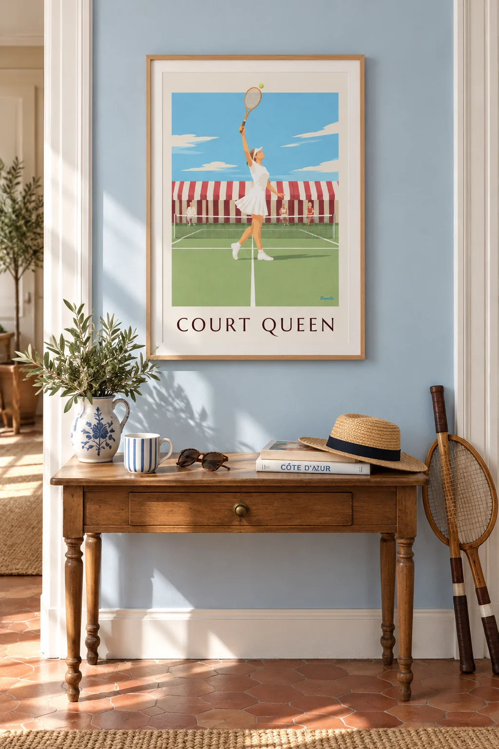 Grass court tennis player in pleated skirt and visor poster on the wall