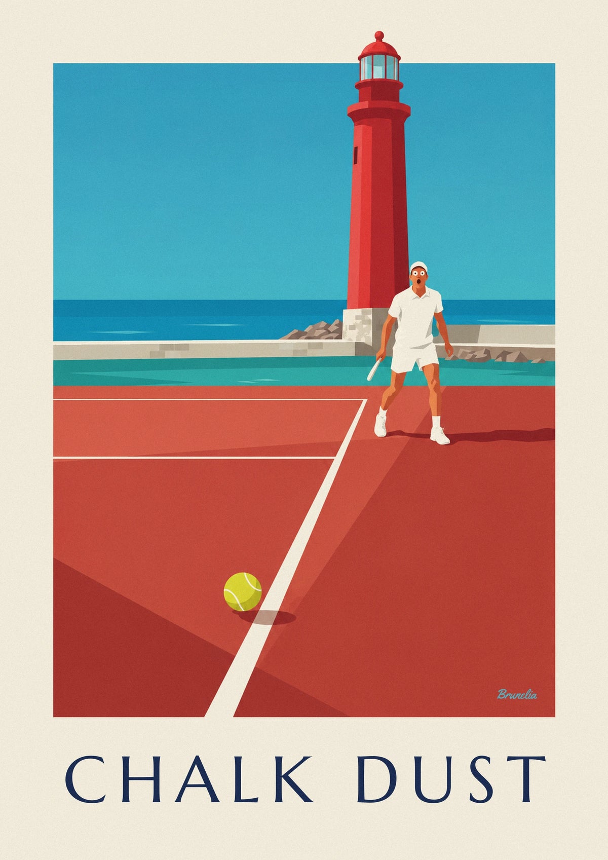 Affiche balle de tennis sur la ligne et joueur stupéfait près du phare