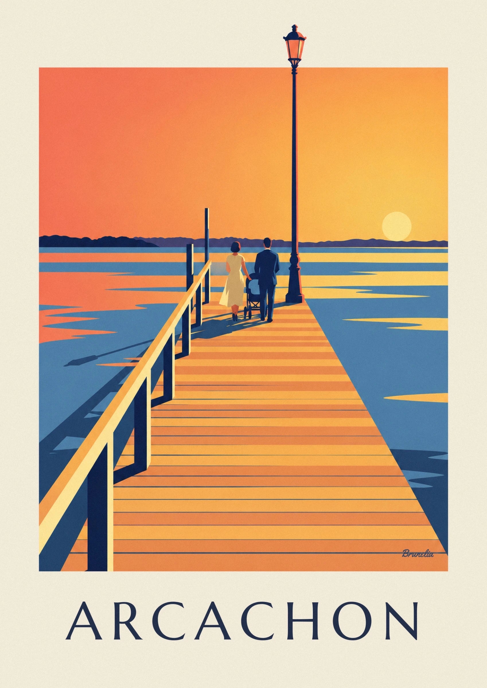 The couple seen from behind with their pram on the pier at sunset