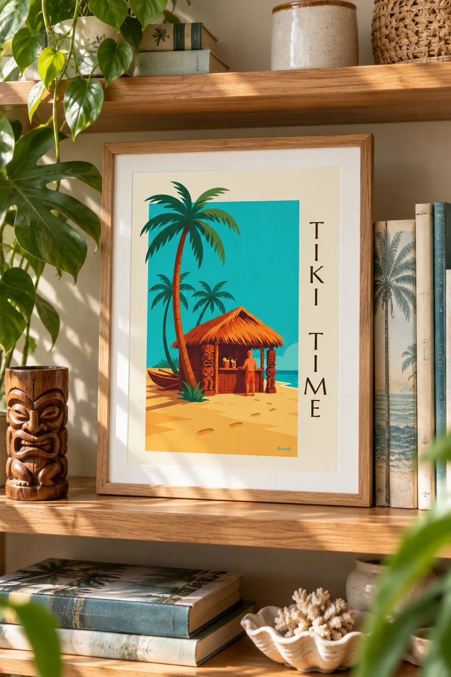 Poster tropische tikibar op het strand met palmbomen: klein formaat A4 ingelijst