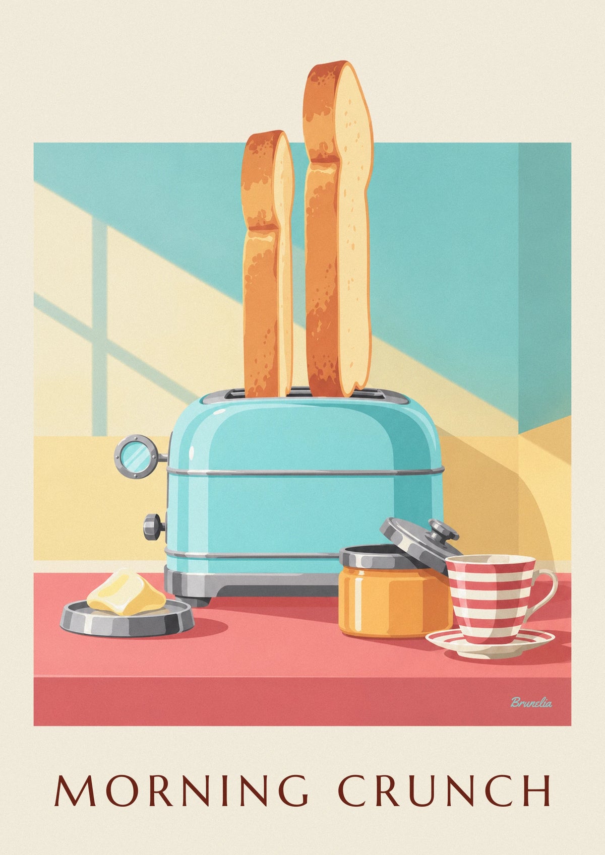 Turquoise toaster and golden toast breakfast poster