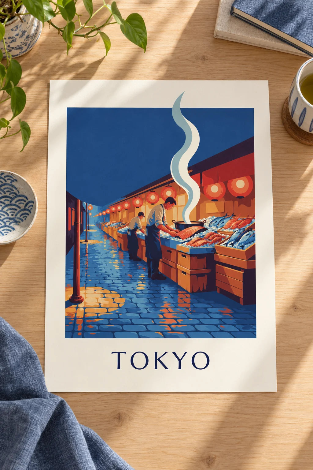 Keuken: sfeerbeeld van Poster vismarkt in Tokio onder de lantaarns