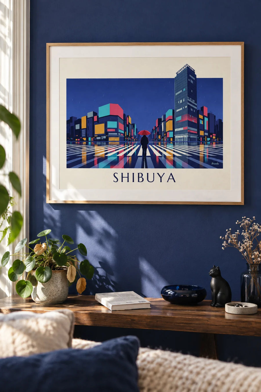 Poster zebrapad van Shibuya 's nachts in de regen: ingelijst aan de muur