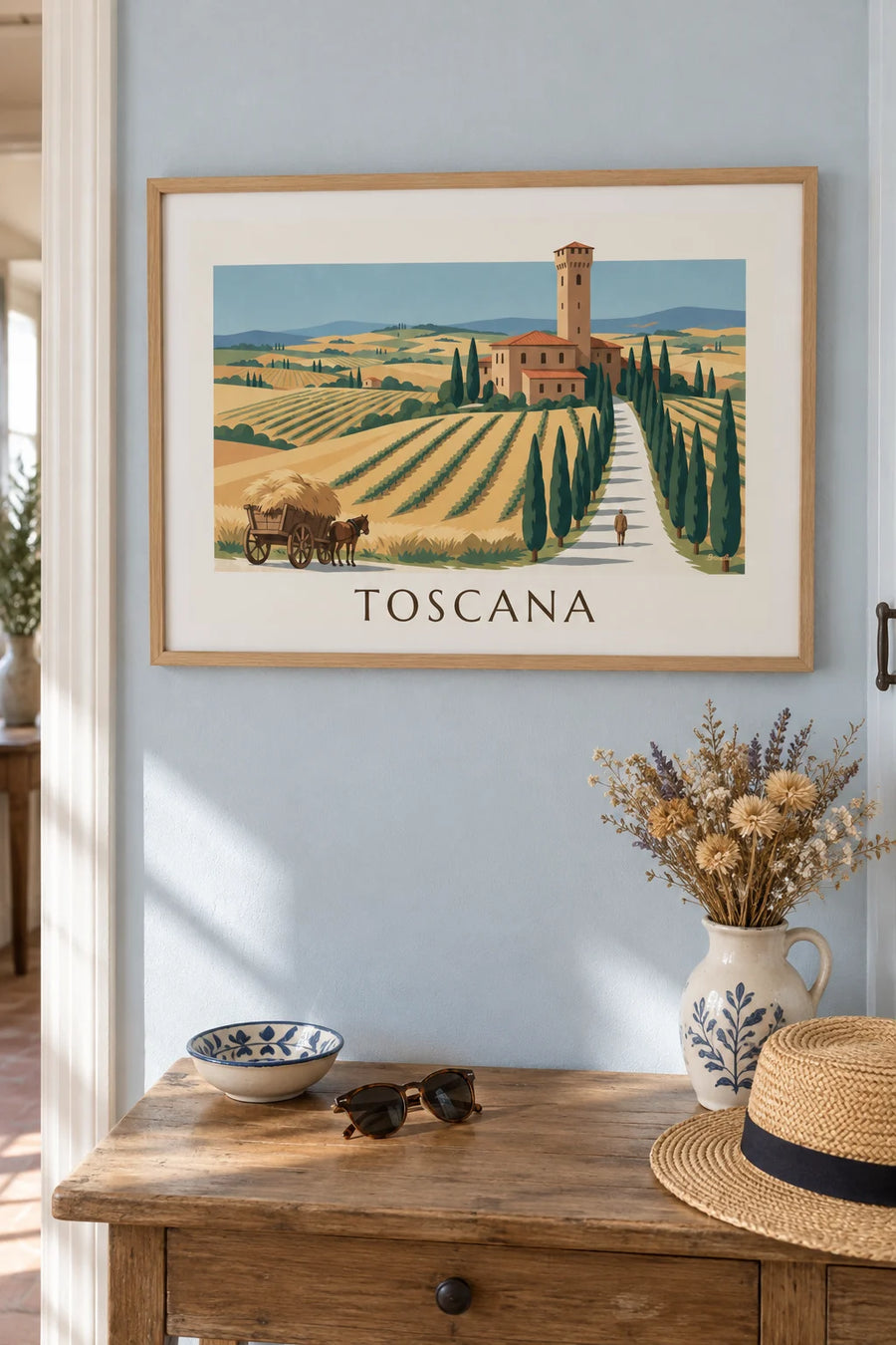 Poster van een Toscaanse villa, cipressenlaan en korenvelden op de heuvels: ingelijst aan de muur