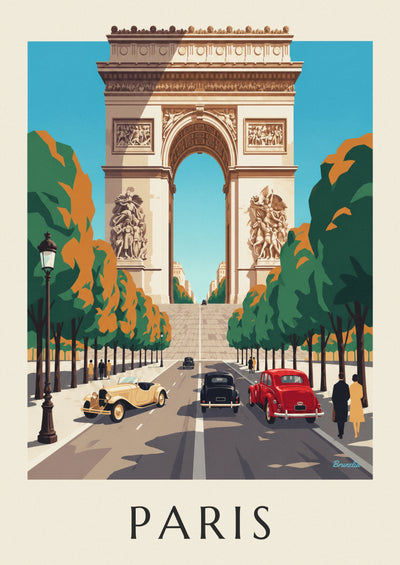 Black-and-white poster of the Arc de Triomphe seen from the Champs-Élysées: the full poster