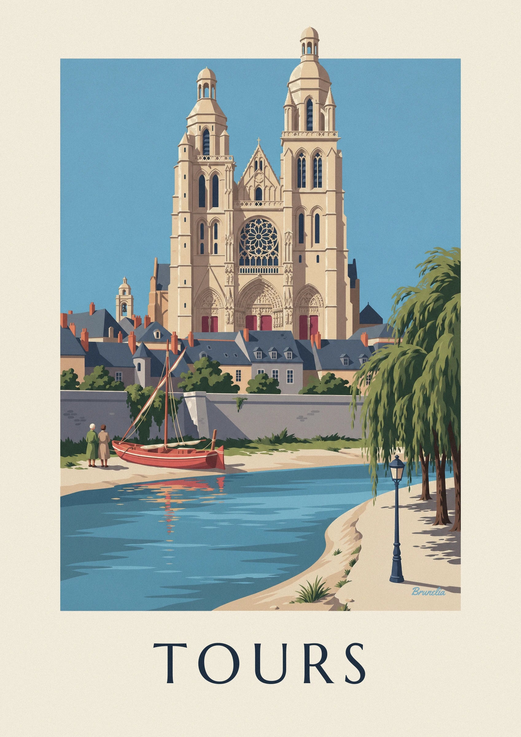 Tours cathedral and Loire riverbank poster: close-up detail