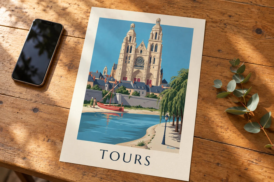 Poster kathedraal van Tours en de oevers van de Loire: op een tafel