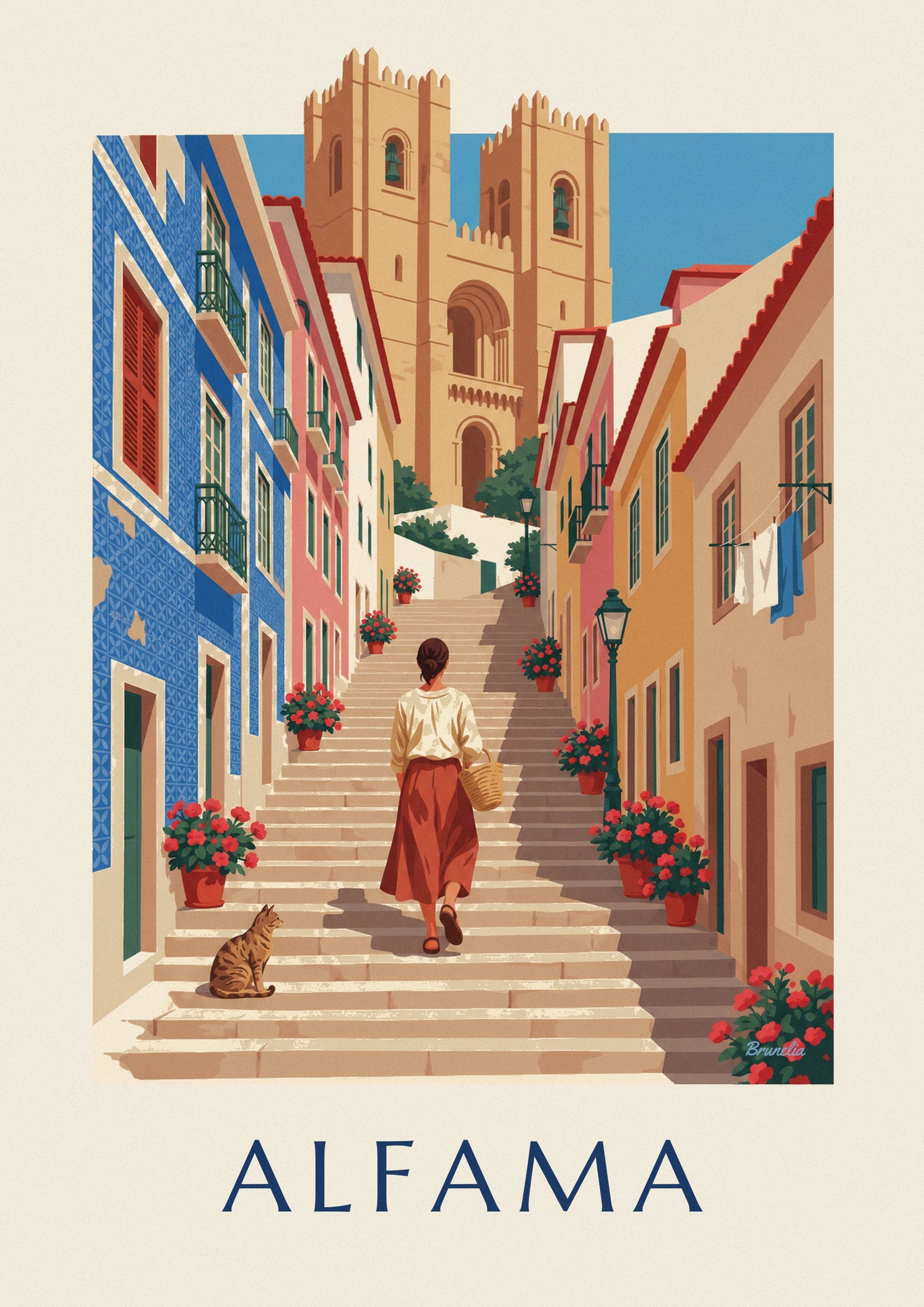 The woman in a red skirt, a wicker basket on her arm, climbing the stone steps