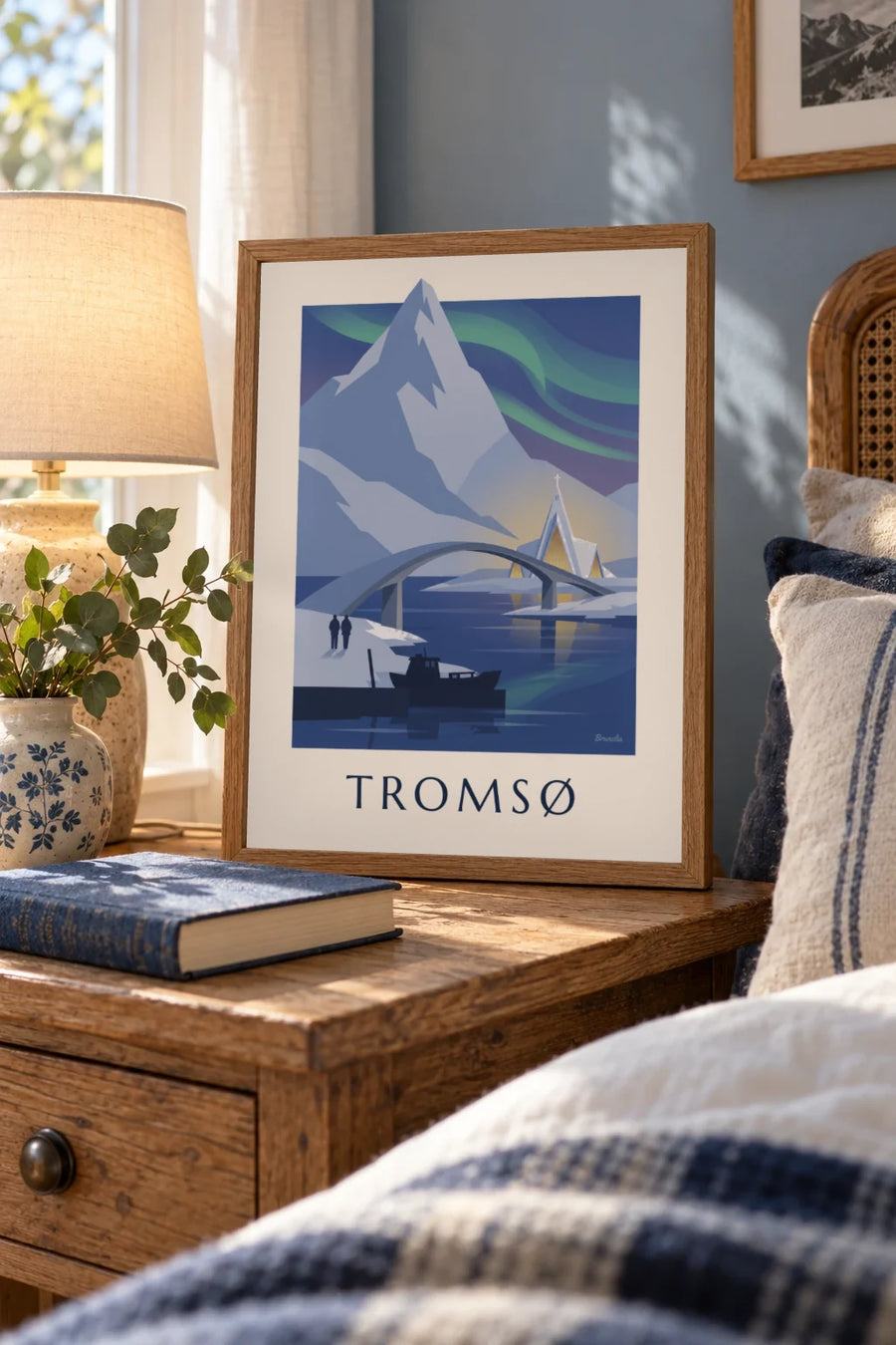 Poster Tromsø, poort naar het noordpoolgebied, met noorderlicht: klein formaat A4 ingelijst