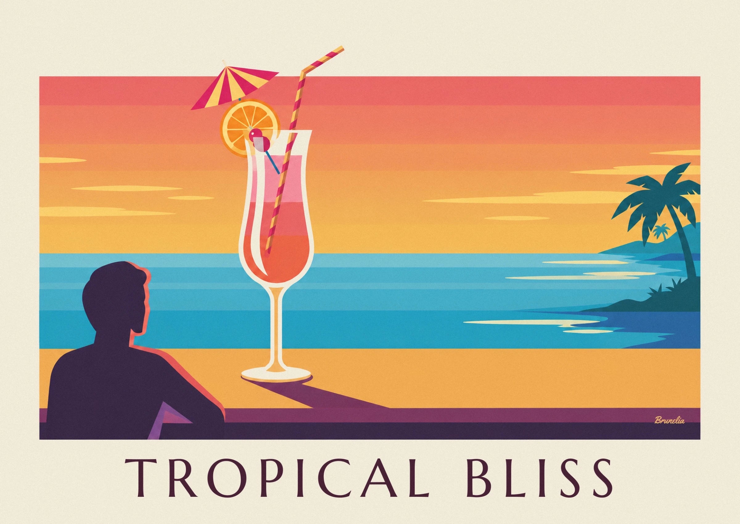 A pink-orange cocktail with an orange slice and striped straw overlooking the sea