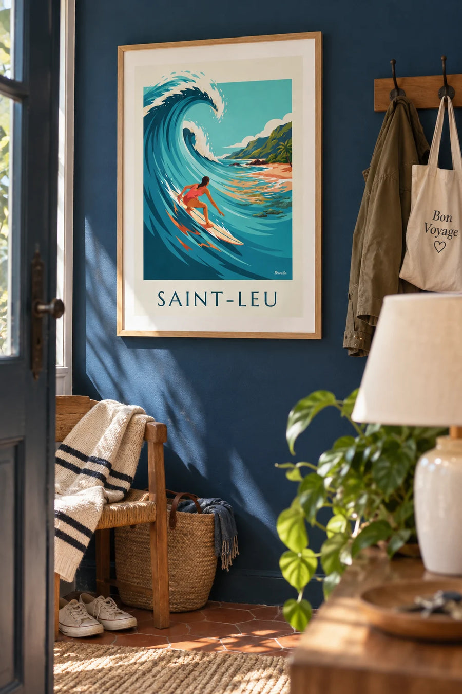 Poster surfster op het rif van Saint-Leu op La Réunion: ingelijst aan de muur
