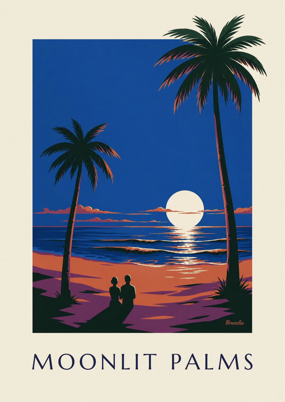 Palm trees under a full moon by the ocean poster