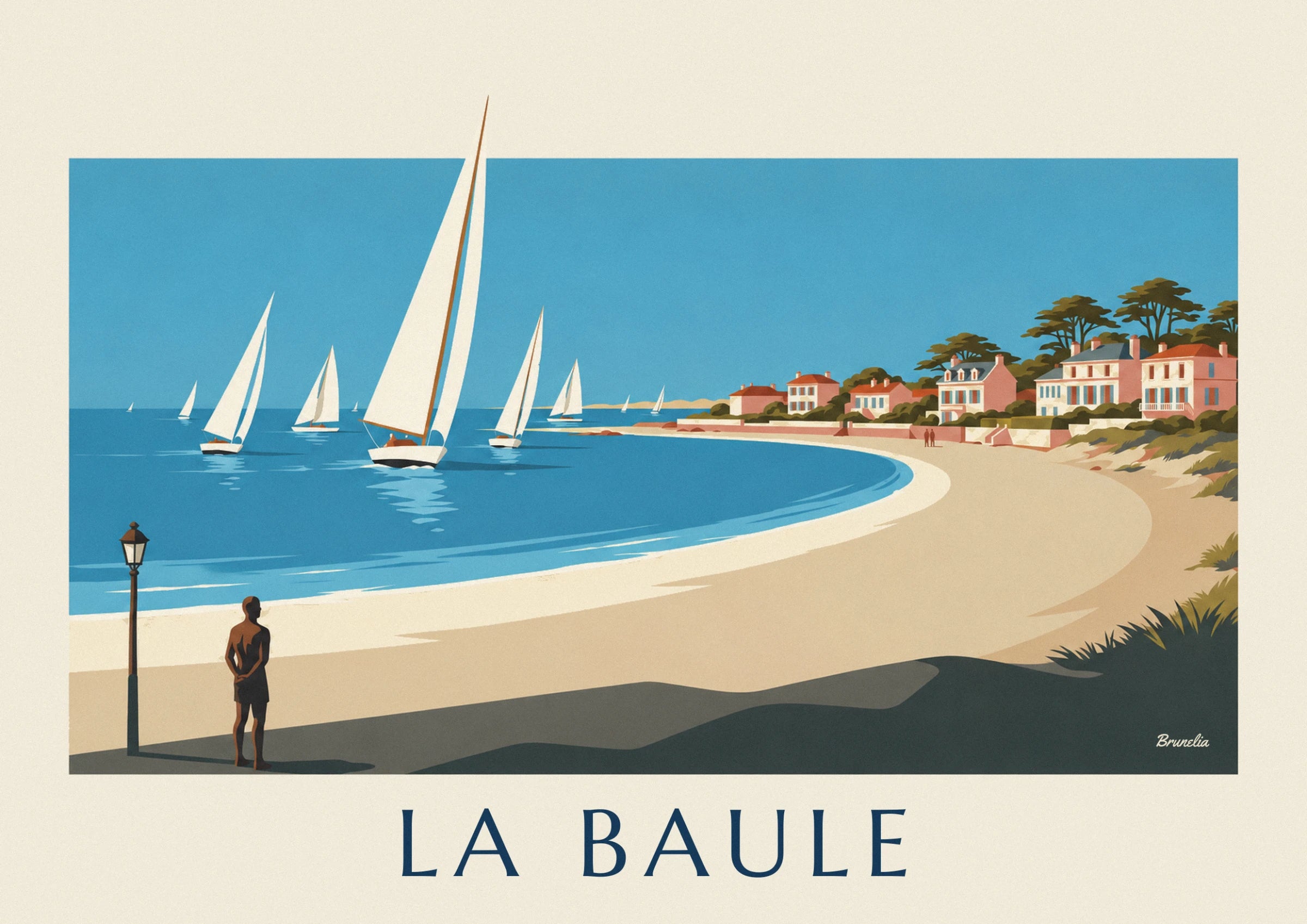 Le voilier au grand foc blanc en tête de la régate, entouré d'autres voiles sur l'eau bleue