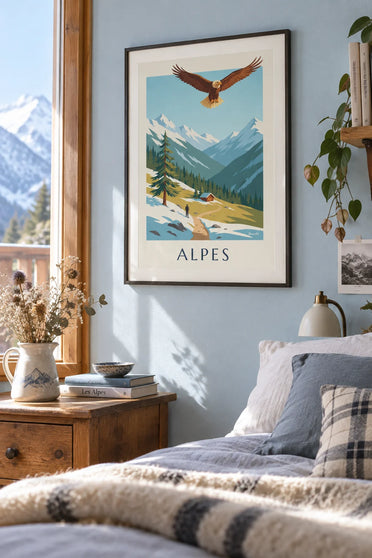 Golden eagle above an Alpine valley poster: framed on the wall