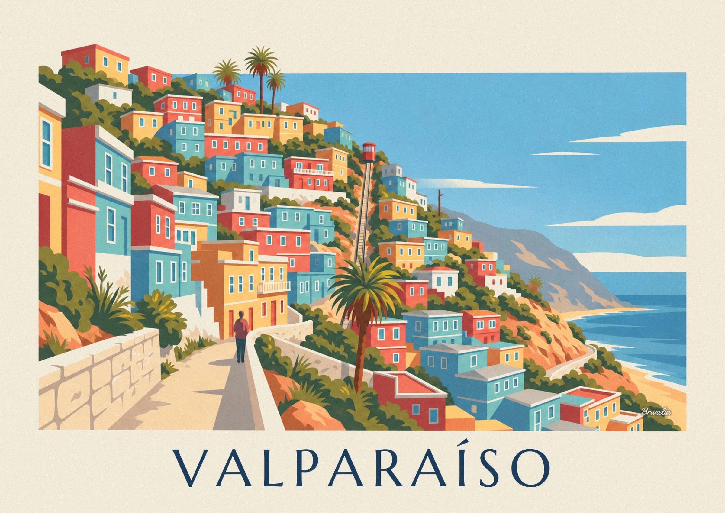 De rode kabelbaan op de steile rails, tussen de kleurrijke huizen van Valparaíso