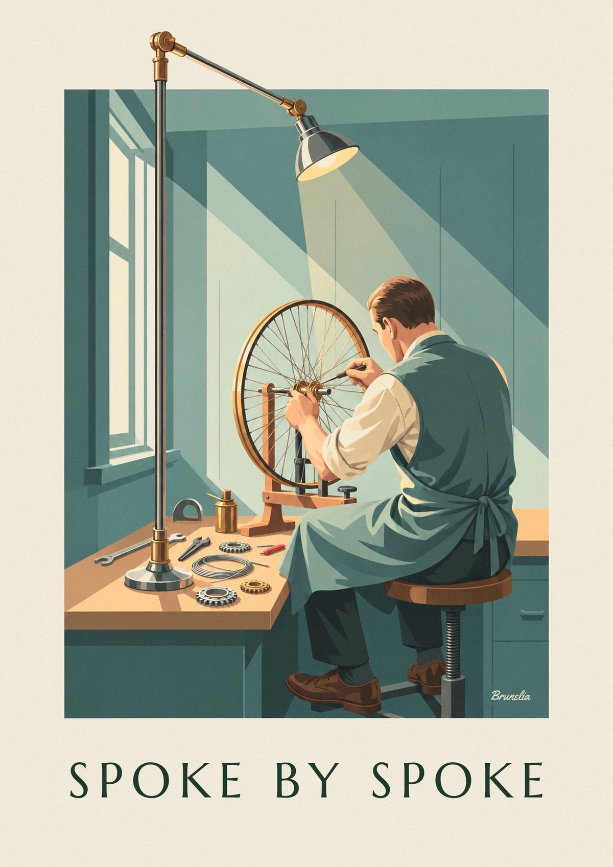 Craftsman building a bicycle wheel in his workshop poster