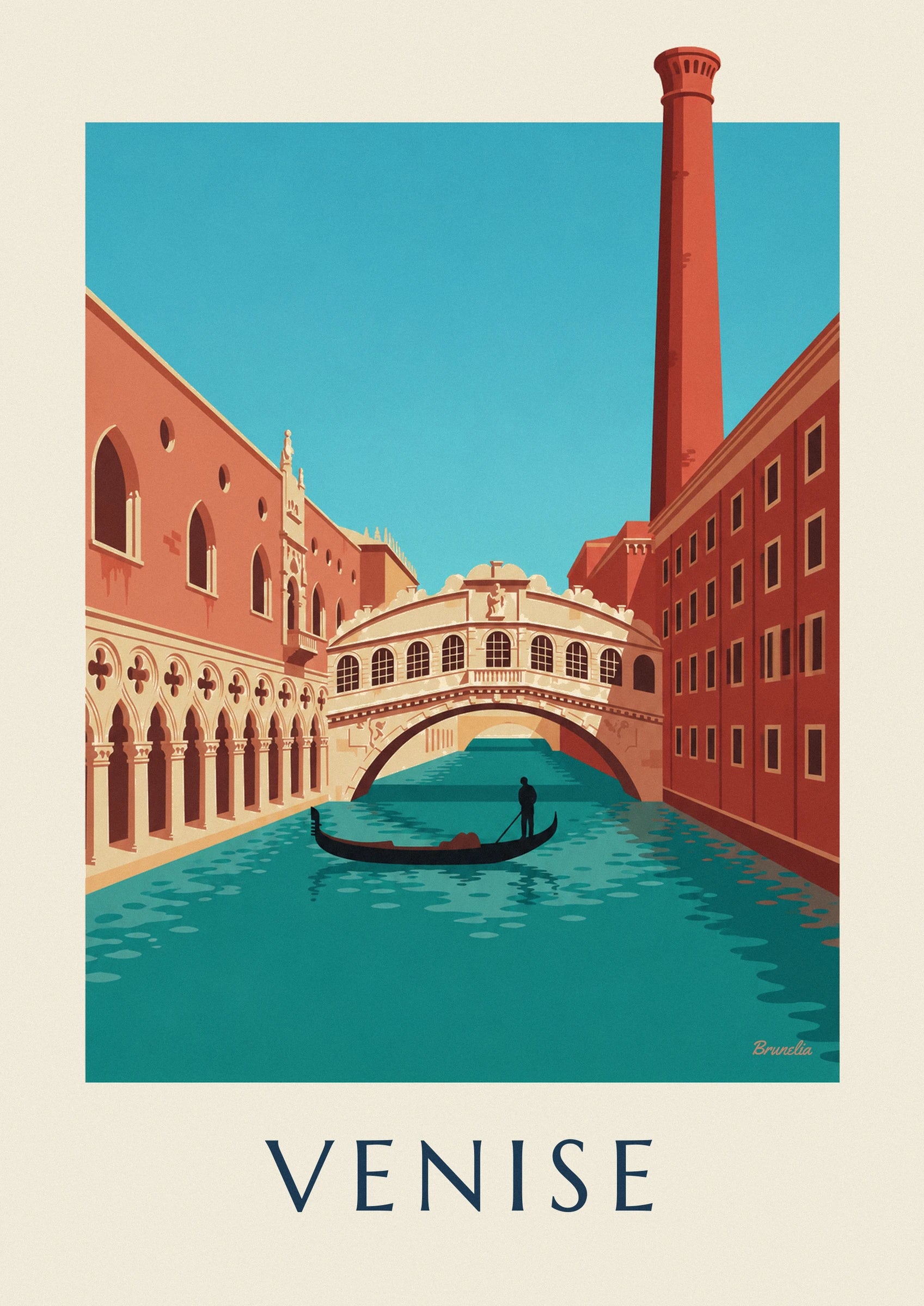Le pont des Soupirs aux fenêtres cintrées et une gondole sur le canal turquoise