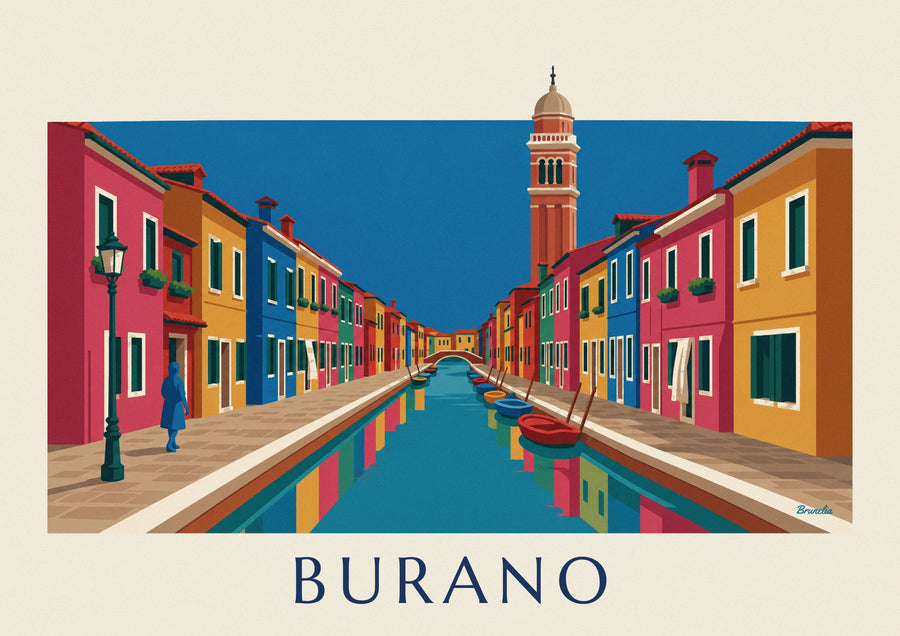 Burano canal, colorful houses and leaning bell tower poster