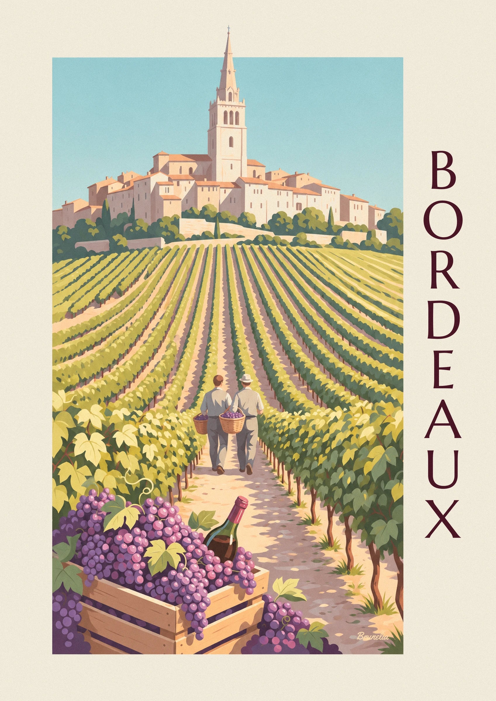 Saint-Émilion grape harvest, grape crate and golden vines poster: close-up detail