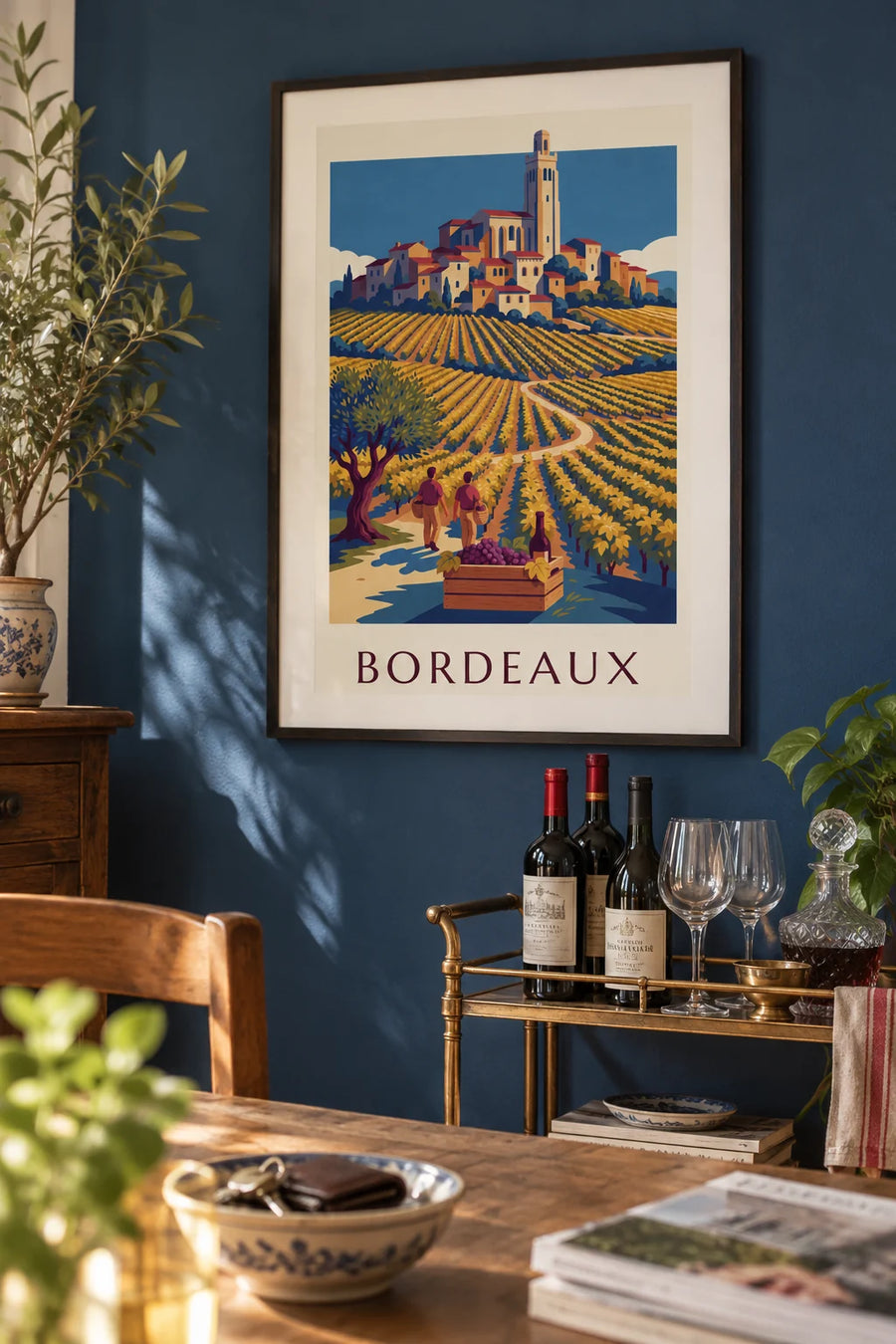 Grape harvest poster in Saint-Émilion, crate of grapes and golden vines: framed on the wall